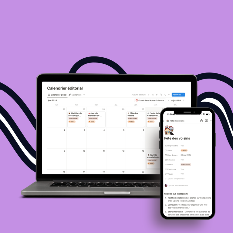 modèle Notion avec idées de contenu et marronniers